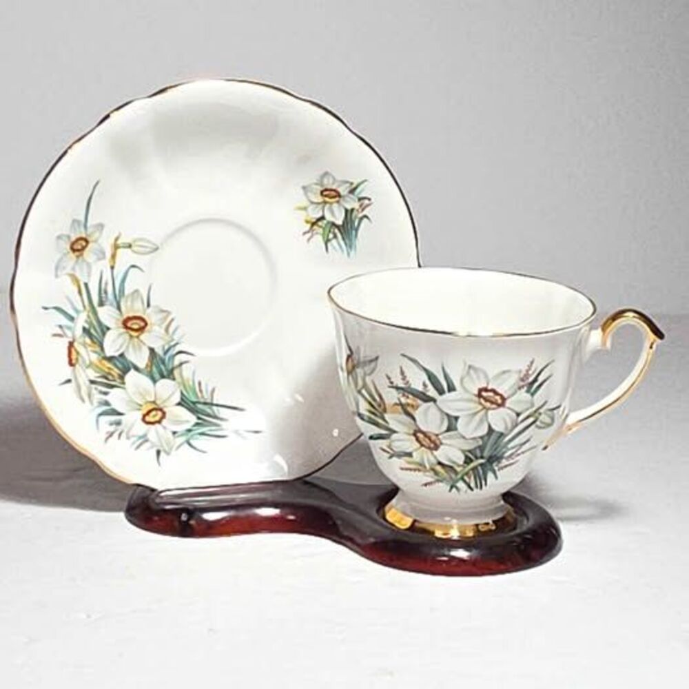 Society Teacup and Saucer White Flowers Vintage
